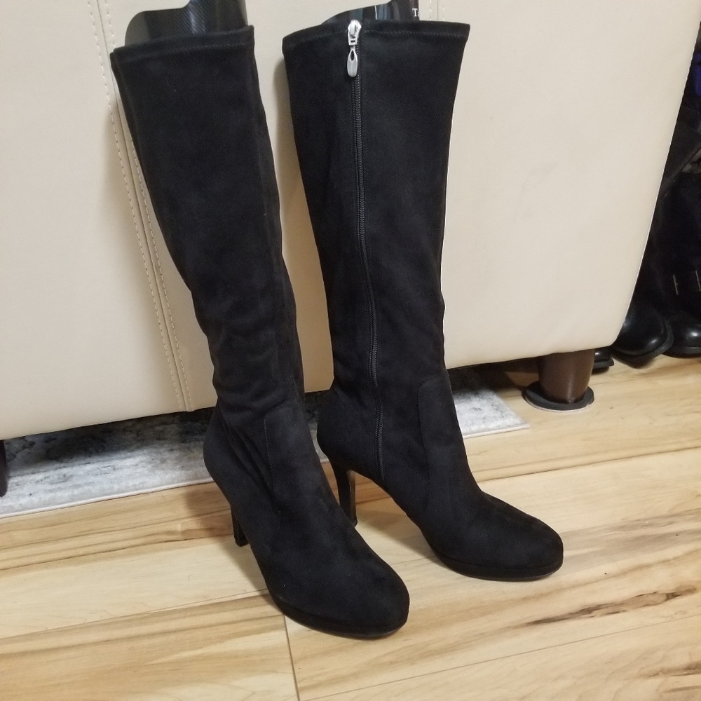 Tahari Boots Connie Knee High Suede-like Stretch Black 8M EUC